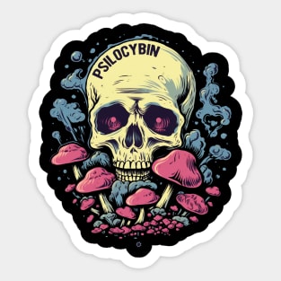 Psilocybin Tripping Skull with Mushrooms Sticker